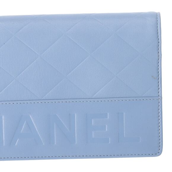 CHANEL Long Bifold Wallet Light Blue Leather Logo - Picture 7 of 8